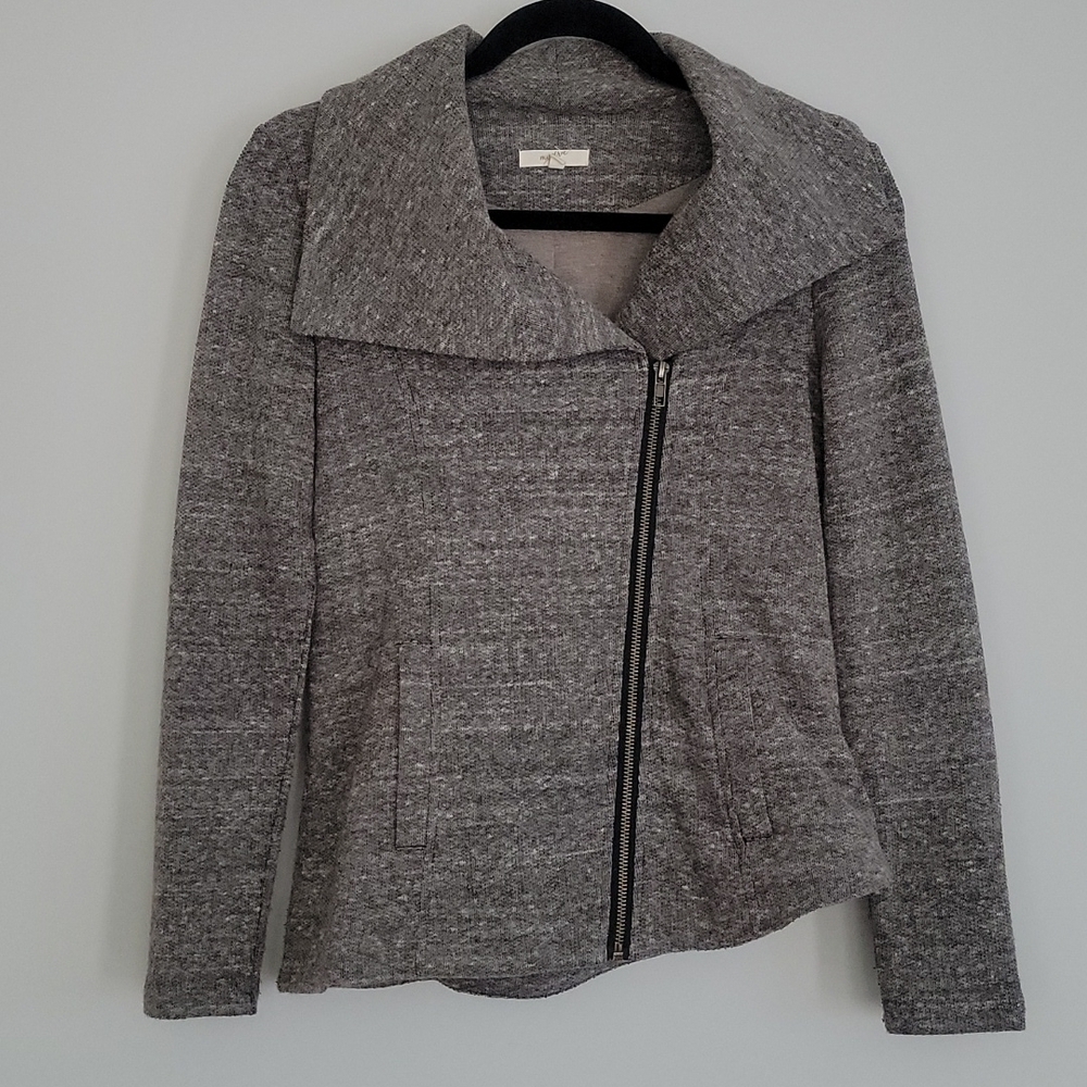 Mystree Skylar Asymmetrical Knit Zip Jacket in Taupe - Picture 3 of 15